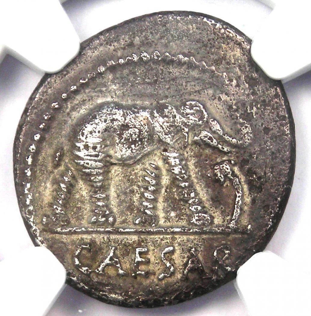 JULIUS CAESAR AR DENARIUS SILVER ELEPHANT ROMAN COIN: Julius Caesar AR Denarius Silver Elephant Roman Coin Year: 49 BC Denomination: Denarius Composition: Silver Country of Origin: Italy Accessories: None Accessories Notice: When purchasing p