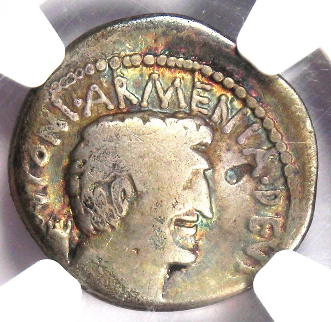 CLEOPATRA VII AND MARC ANTONY AR DENARIUS SILVER COIN: Cleopatra VII and Marc Antony AR Denarius Silver Coin Year: 34 BC Denomination: Denarius Composition: Silver Country of Origin: Italy Accessories: None Accessories Notice: When purchasing