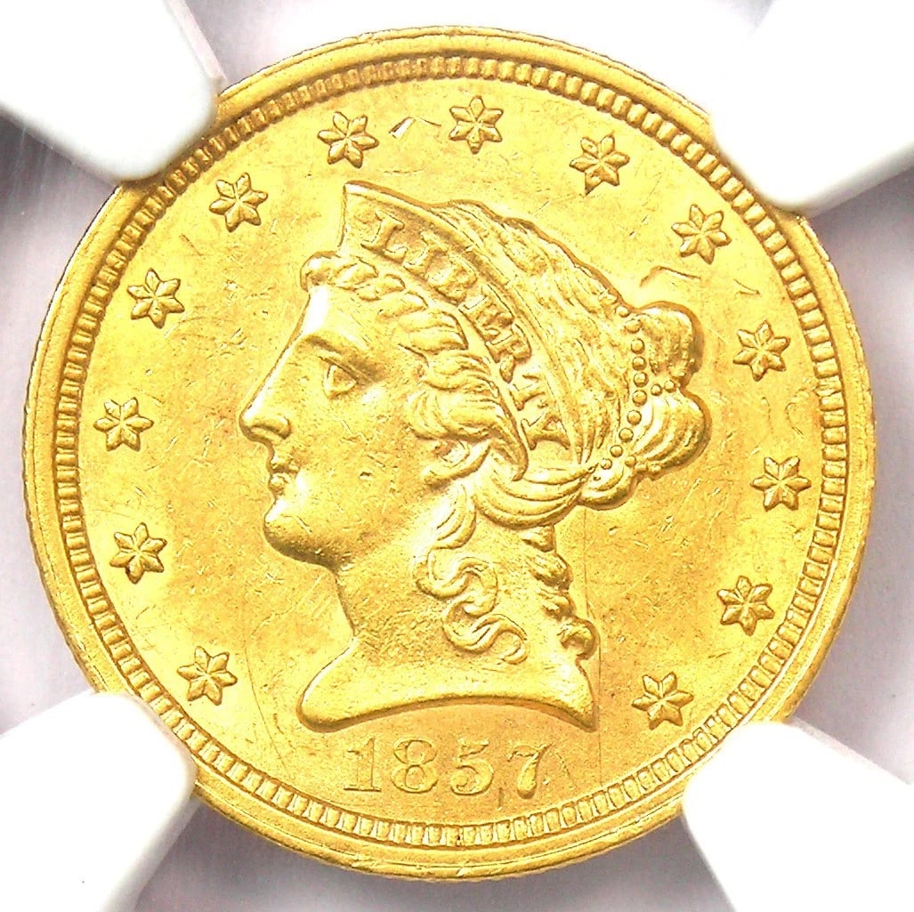 1857 LIBERTY GOLD QUARTER EAGLE $2.50 COIN: 1857 Liberty Gold Quarter Eagle $2.50 Coin Year: 1857 Denomination: $2.50 Composition: Gold Country of Origin: United States Accessories: None Accessories Notice: When purchasing pre-owned