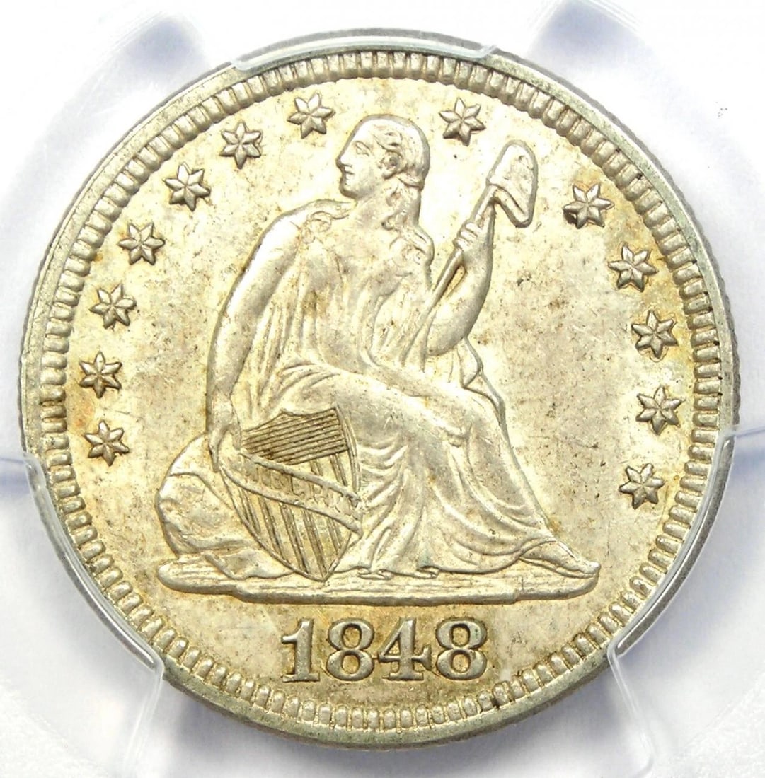 1848 SEATED LIBERTY QUARTER 25C: 1848 Seated Liberty Quarter 25C Year: 1848 Denomination: 25C Composition: Silver Country of Origin: United States Accessories: None Accessories Notice: When purchasing pre-owned goods, please refer