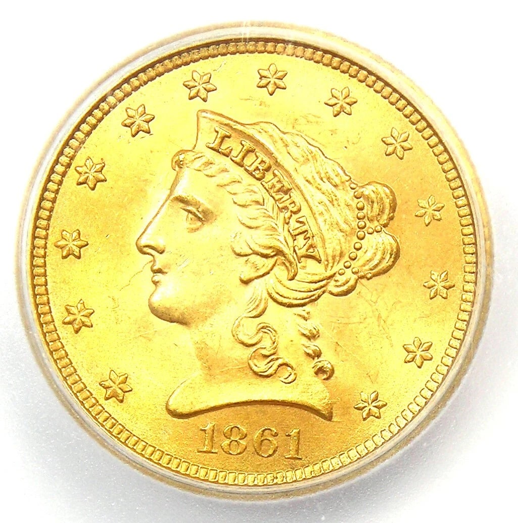 1861 LIBERTY GOLD QUARTER EAGLE $2.50 COIN: 1861 Liberty Gold Quarter Eagle $2.50 Coin Year: 1861 Denomination: $2.50 Composition: Gold Country of Origin: United States Accessories: None Accessories Notice: When purchasing pre-owned goods,
