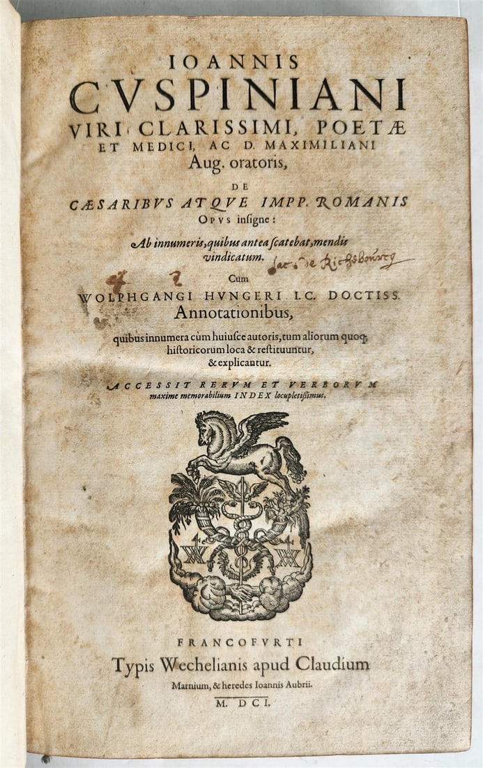 JOHANNES CUSPINIANUS'S 1601 ROMAN HISTORY ANTIQUE FOLIO WITH GILT COAT OF ARMS: Year/Century: 17th century Language: Latin Subject: History Binding: Leather Description: IOANNIS CUSPINIANI UIRI CLARISSIMI, POETAE et MEDICI, ac D. MAXIMILIANI Aug[usti] oratoris, De Caesaribus