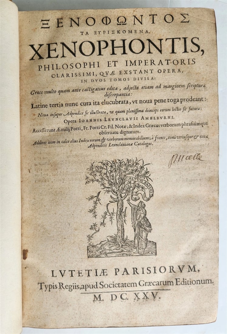 XENOPHONTIS 1625 PHILOSOPHI ET IMPERATORIS FOLIO IN ANCIENT GREEK AND LATIN: Year/Century: 17th century Language: Greek Subject: Philosophy Binding: Leather Description: Xenophon, Paris: apud Societatem Graecarum Editionum; 1625; two volumes bound in one with: Xenophontis, Phi