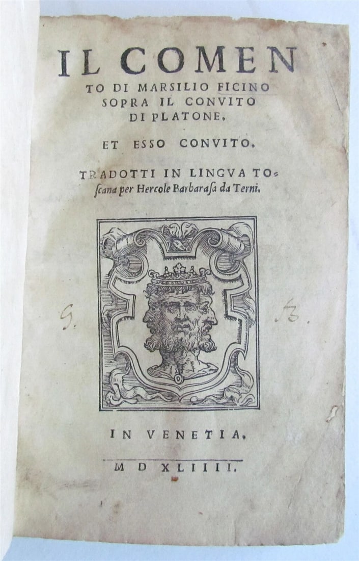 MARSIGLIO FICINO, AN ANTIQUE 16 C PHILOLOGIST, WROTE A COMMENTARY ON PLATO'S BANQUET IN 1544. (1 of 4)