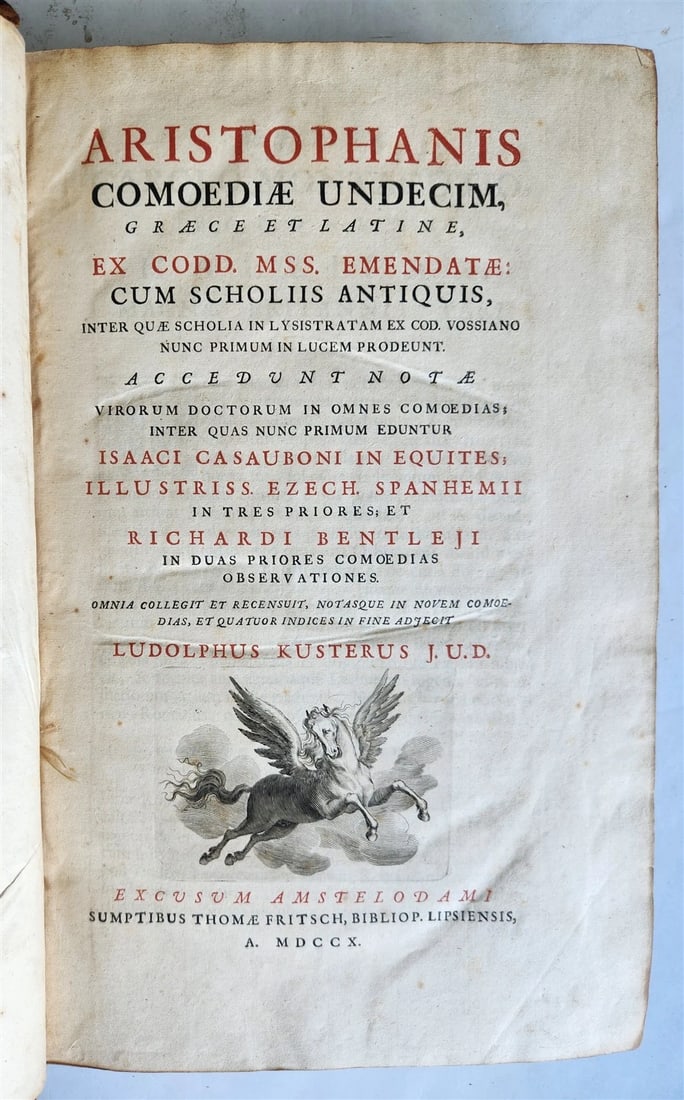 1710 MASSIVE FOLIO ARISTOPHANIS COMOEDIAE UNDECIM ANTIQUE: Year/Century: 18th century Language: Latin Subject: History Binding: Leather Description: Aristophanis Comoediae Undecim Graece et Latine Amsterdam, 1710; original calf, rebacked, with a bookplate on 