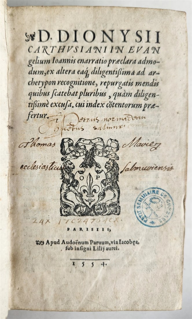 BIBLE COMMENTARY BY DENIS THE CARTHUSIAN ANTIQUE, 1554: Year/Century: 16th century Language: Latin Subject: History Binding: Leather Description: "D. Dionysii Carthusiani in evangelium Ioannis enarratio praclara admodum" Paris 1554 The front cover and spin