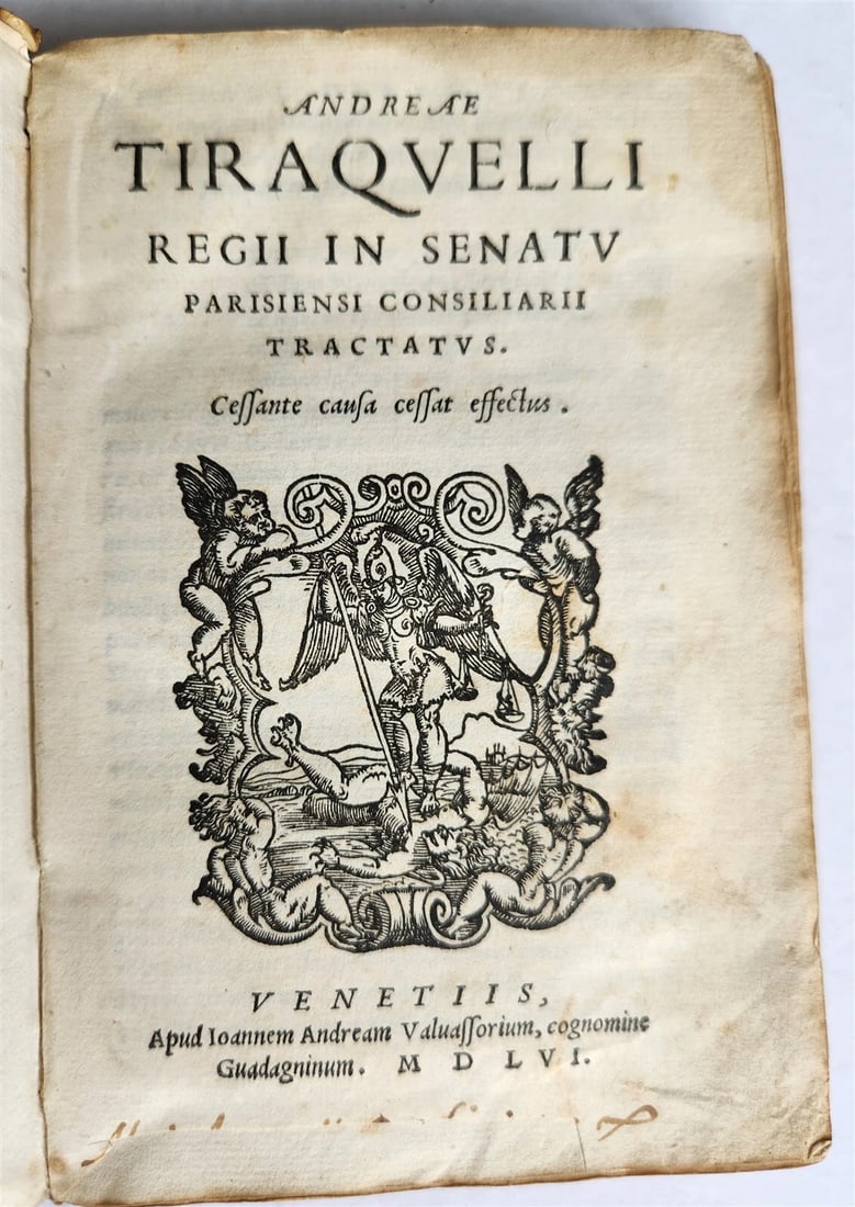 ANDRE TIRAQUEAU, 1546 REGII IN SENATU ANTIQUE VELLUM BUND: Year/Century: 16th century Language: Latin Subject: History Binding: Vellum Description: Andre Regii at Tiraqueau, Senatu. Venice: Giovanni Andrea Vavassore, 1546 Woodcut initials and headpieces, prin