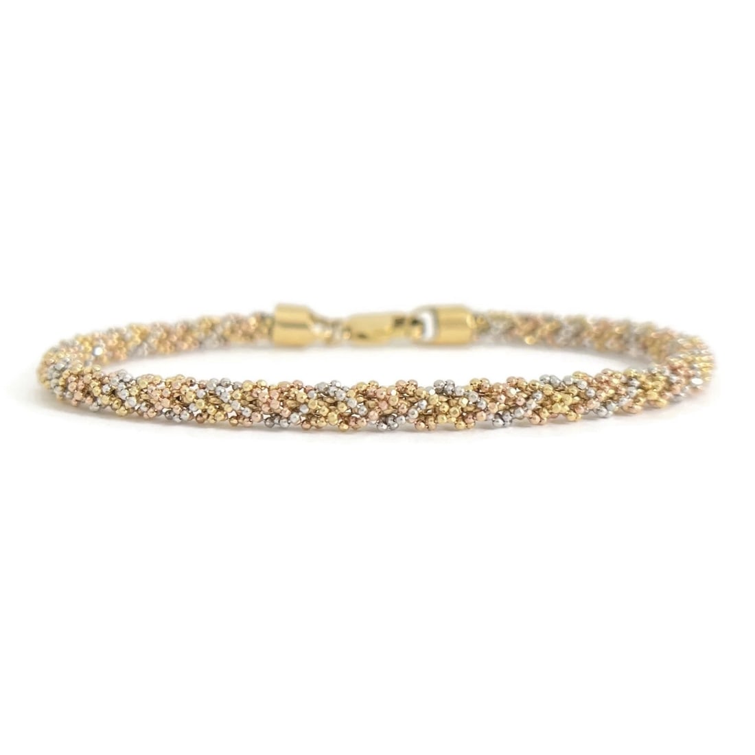 TRI-COLOR TWISTED BALL CHAIN LINK BRACELET: Tri-Color Twisted Ball Chain Link Bracelet Brand: Unbranded Type/Style: Bracelet Material: 18K yellow, rose and white gold, Color: yellow, rose and white Size: Length: 7.5 inches Width: 4.5 mm