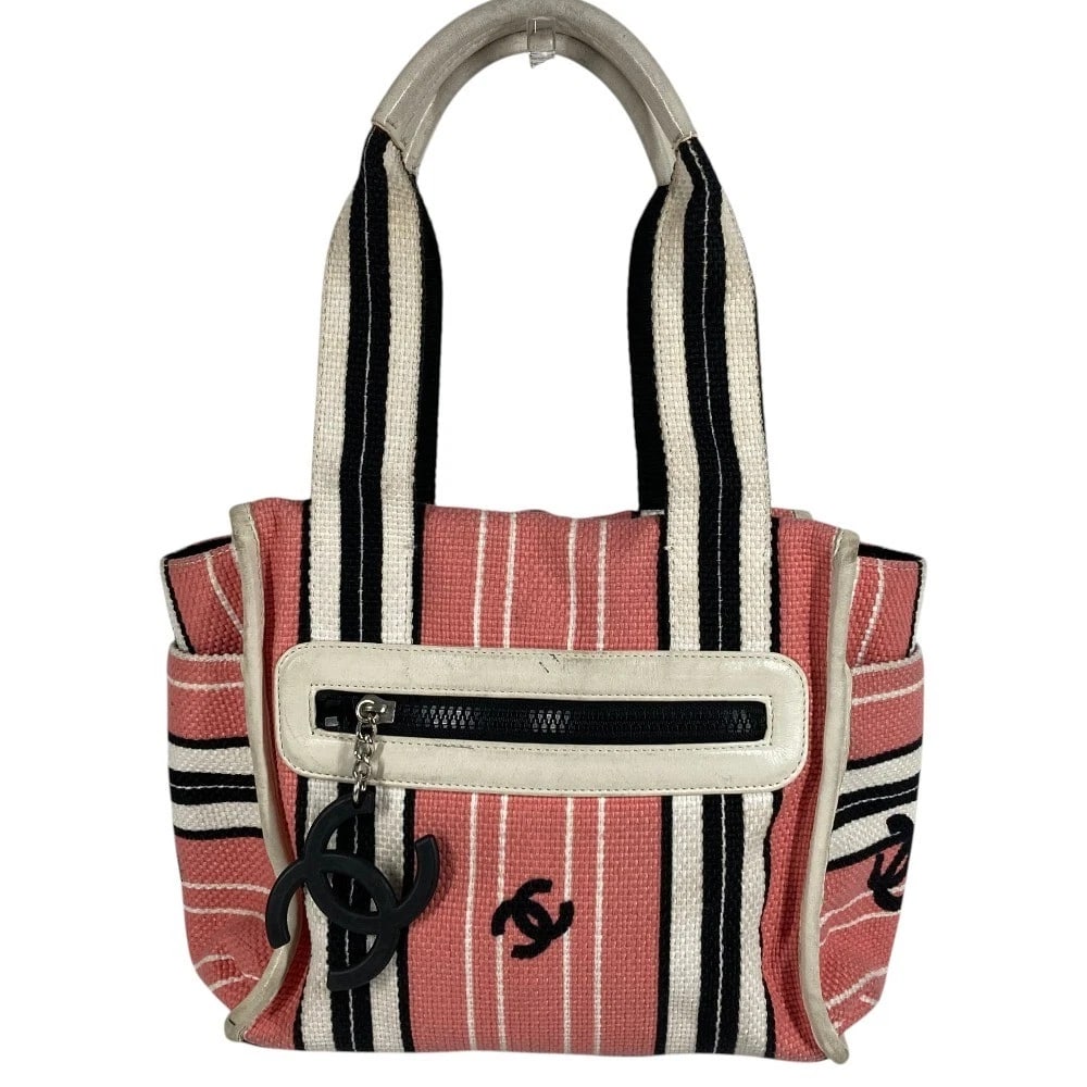 CHANEL CRUISE LINE TOTE BAG SHOULDER BAG: CHANEL Cruise Line Tote Bag Shoulder Bag Brand: CHANEL Type/Style: Shoulder Bag Material: Canvas/Leather Color: pinkxBlack x White Size: W9.4xH8.3xD4.3inch / W24cmxH21cmxD11cm Accessories: None