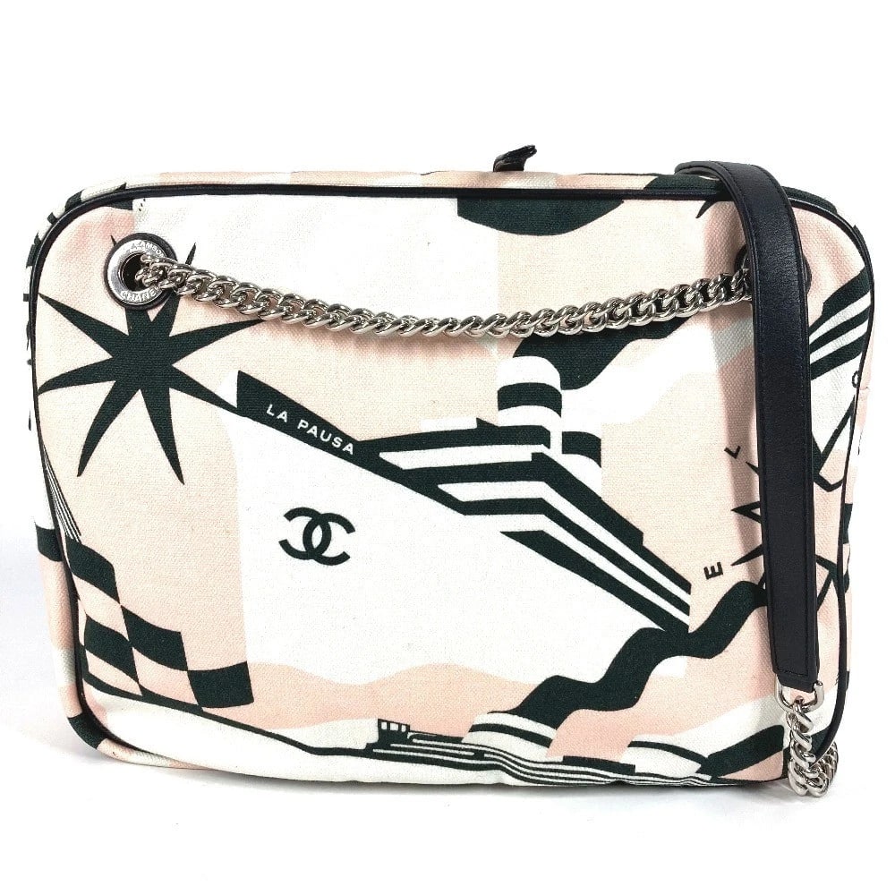 CHANEL CRUISE LINE DOUBLE CHAIN BAG TOTE BAG SHOULDER BAG: CHANEL Cruise Line Double Chain Bag Tote Bag Shoulder Bag Brand: CHANEL Type/Style: Shoulder Bag Material: Leather/Canvas Color: Pink BasedxBlack Size: W10.8xH8.3xD2.8inch / W27.5cmxH21cmxD7cm Acc