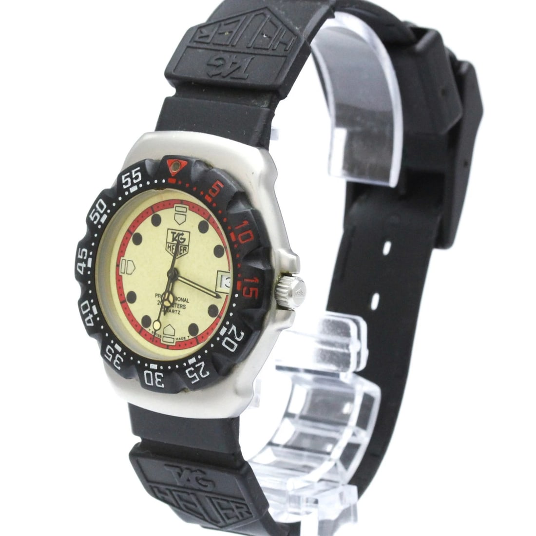TAG HEUER QUARTZ STEEL WATCH: Tag Heuer Quartz Steel Watch Brand: Tag Heuer Type/Style: Wristwatch Material: (Case) Stainless steel (Band) Rubber Color: Dial Color Ivory Size: Case Diameter 35mm / 1.38inch Accessories: None