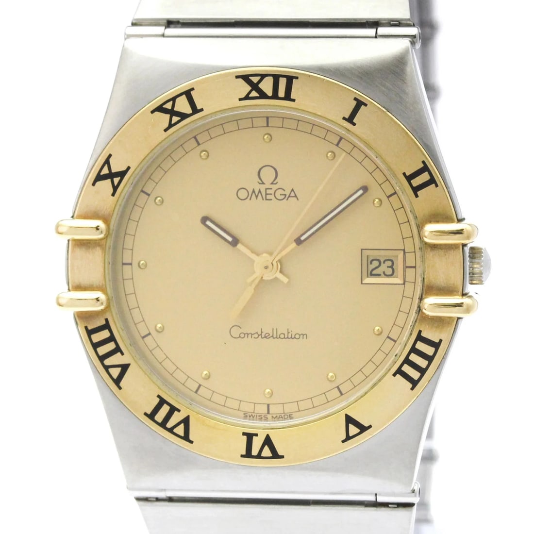 OMEGA CONSTELLATION 18K GOLD STEEL QUARTZ WATCH: Omega Constellation 18K Gold Steel Quartz Watch Brand: Omega Type/Style: Wristwatch Material: (Case) Stainless steel, Yellow gold (18K) (Band) Stainless steel Color: Dial Color Gold Size: Case Diamete