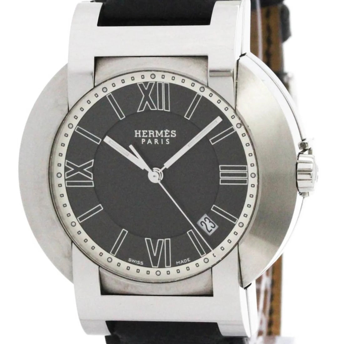 HERMES NOMADE COMPASS STEEL AUTO QUARTZ WATCH: Hermes Nomade Compass Steel Auto Quartz Watch Brand: Hermes Type/Style: Wristwatch Material: (Case) Stainless steel (Band)Leather Color: Dial Color Black Size: Case Diameter 41mm / 1.61inch