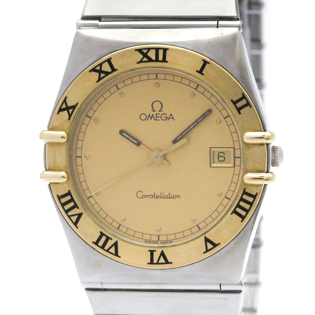 OMEGA CONSTELLATION 18K GOLD STEEL QUARTZ WATCH: Omega Constellation 18K Gold Steel Quartz Watch Brand: Omega Type/Style: Wristwatch Material: (Case) Stainless steel, Yellow gold (18K) (Band) Stainless steel Color: Dial Color Gold Size: Case Diamete