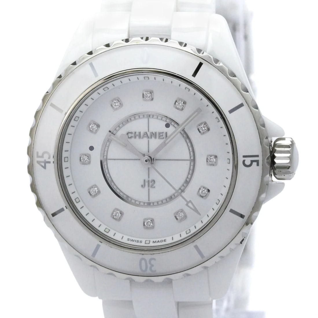 CHANEL J12 DIAMOND CERAMIC QUARTZ WATCH: Chanel J12 Diamond Ceramic Quartz Watch Brand: Chanel Type/Style: Wristwatch Material: (Case) Ceramic (Band) Ceramic Color: Dial Color White Size: Case Diameter 33mm / 1.3inch Accessories: None