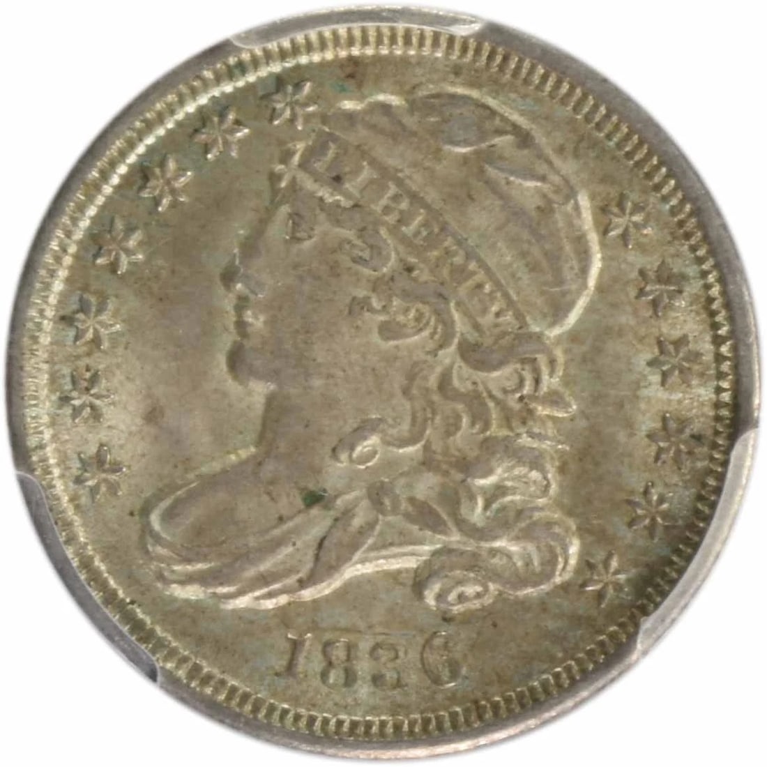 1836 BUST SILVER DIME: 1836 Bust Silver Dime Year: 1836 Composition: 89.2% Silver, 10.8% Copper Denomination: 10C Country of Origin: United States Accessories: None Accessories Notice: When purchasing pre-owned goods,