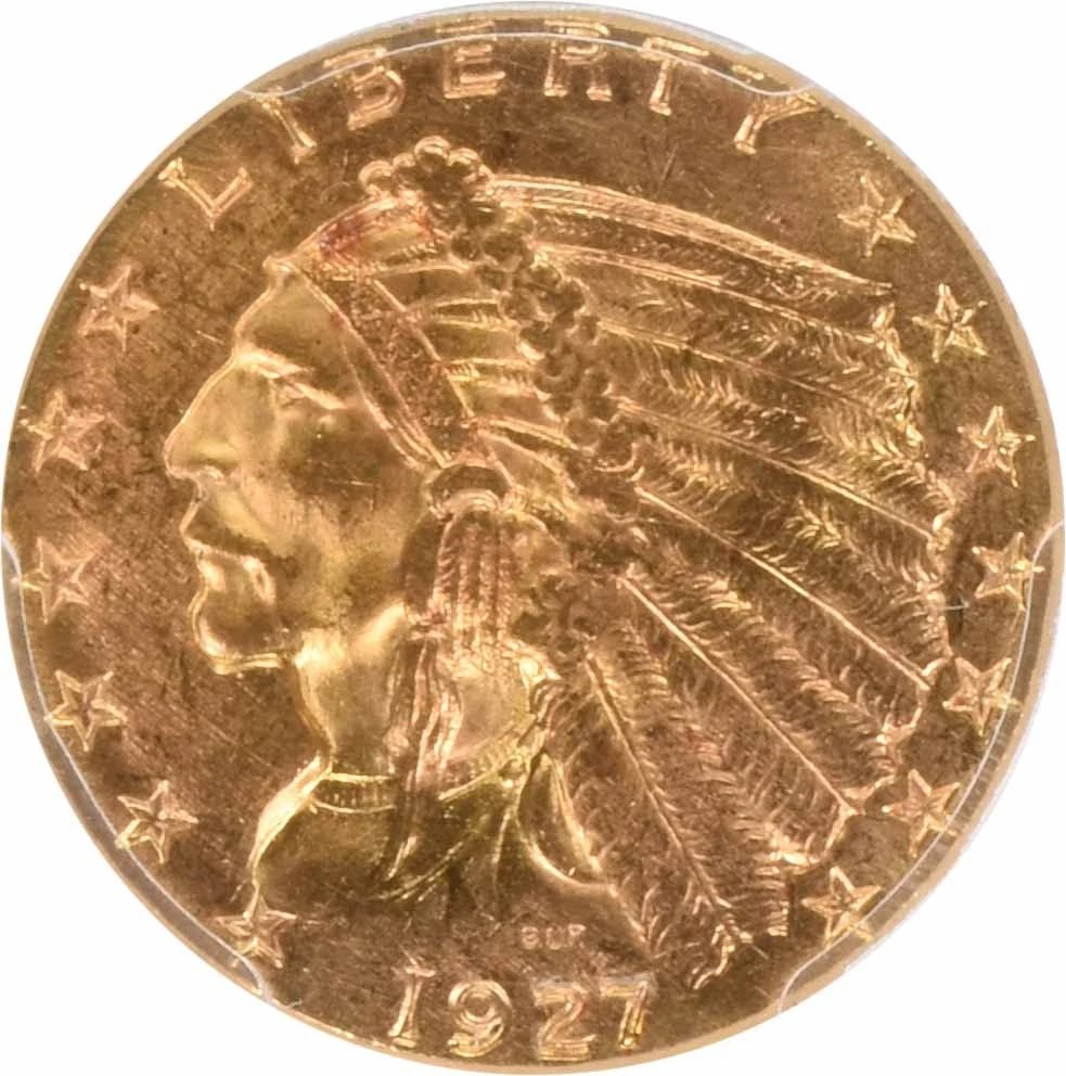 1927 $2.50 GOLD INDIAN: 1927 $2.50 Gold Indian Year: 1927 Composition: Gold Denomination: $2.50 Country of Origin: United States Accessories: None Accessories Notice: When purchasing pre-owned goods, please refer to the
