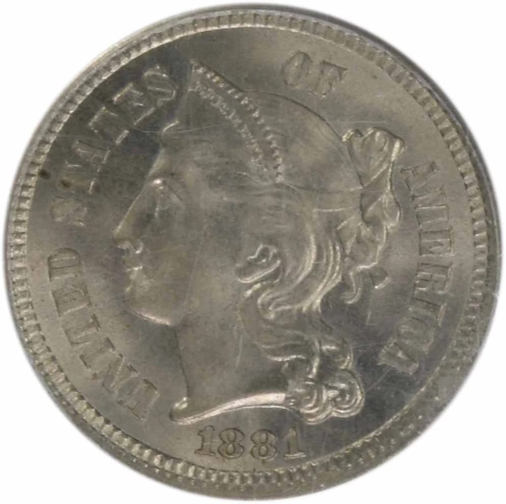1881 THREE CENT NICKEL: 1881 Three Cent Nickel Year: 1881 Composition: Nickel Denomination: 3C Country of Origin: United States Accessories: None Accessories Notice: When purchasing pre-owned goods, please refer to the