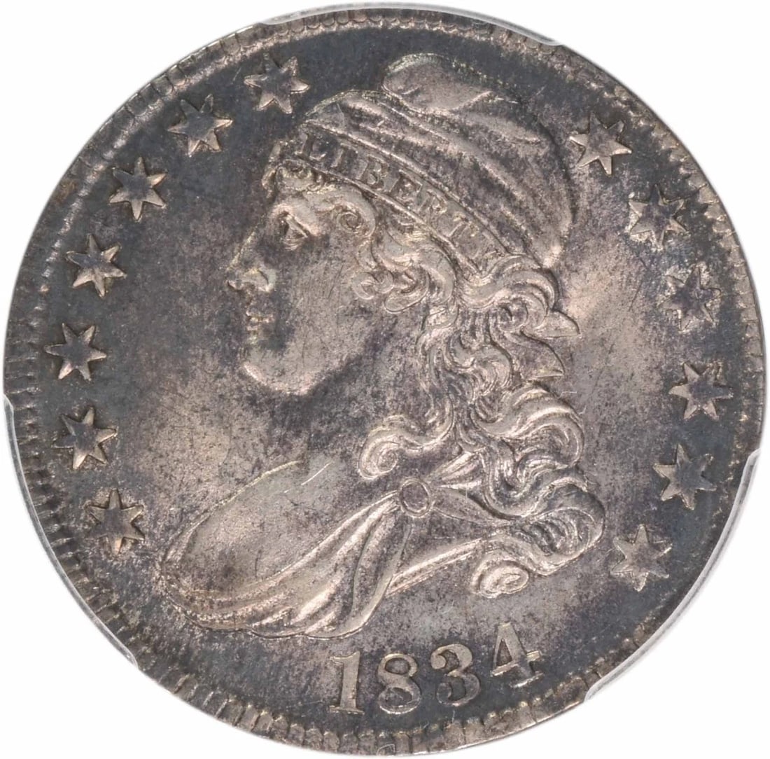 1834 BUST HALF DOLLAR LARGE DATE SMALL LETTERS: 1834 Bust Half Dollar Large Date Small Letters Year: 1834 Composition: 89.2% Silver, 10.8% Copper Denomination: 50C Country of Origin: United States Accessories: None Accessories Notice: When