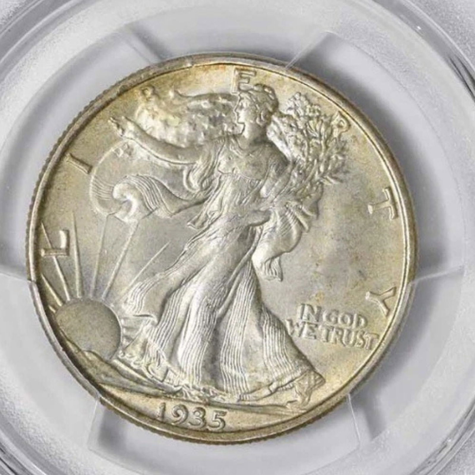 1935 WALKING LIBERTY SILVER HALF DOLLAR: 1935 Walking Liberty Silver Half Dollar Year: 1935 Composition: 90% Silver, 10% Copper Denomination: 50C Country of Origin: United States Accessories: None Accessories Notice: When purchasing