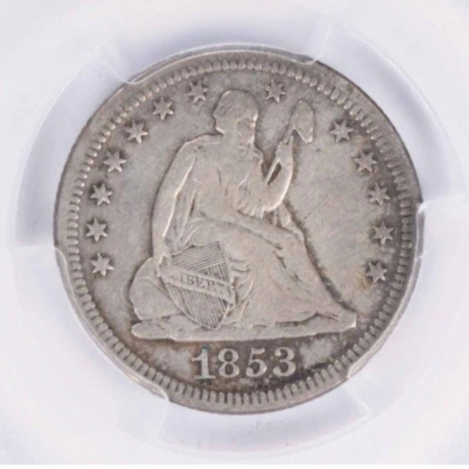 1853 LIBERTY SEATED SILVER QUARTER NO ARROWS: 1853 Liberty Seated Silver Quarter No Arrows Year: 1853 Composition: Silver Denomination: 25C Country of Origin: United States Accessories: None Accessories Notice: When purchasing pre-owned goods,