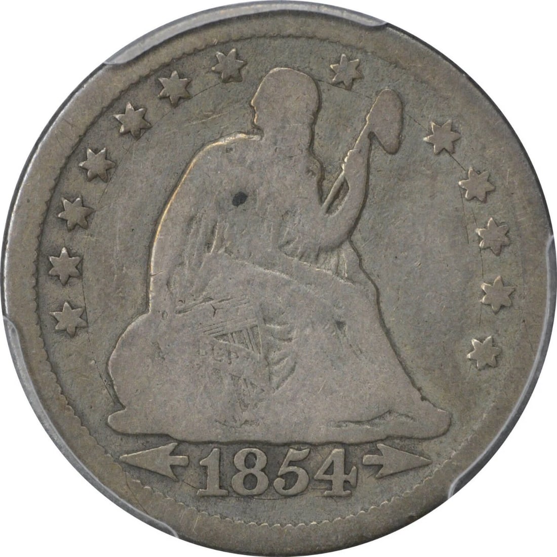 1854-O LIBERTY SEATED SILVER QUARTER HUGE: 1854-O Liberty Seated Silver Quarter Huge Year: 1854 Composition: Silver Denomination: 25C Country of Origin: United States Accessories: None Accessories Notice: When purchasing pre-owned goods,