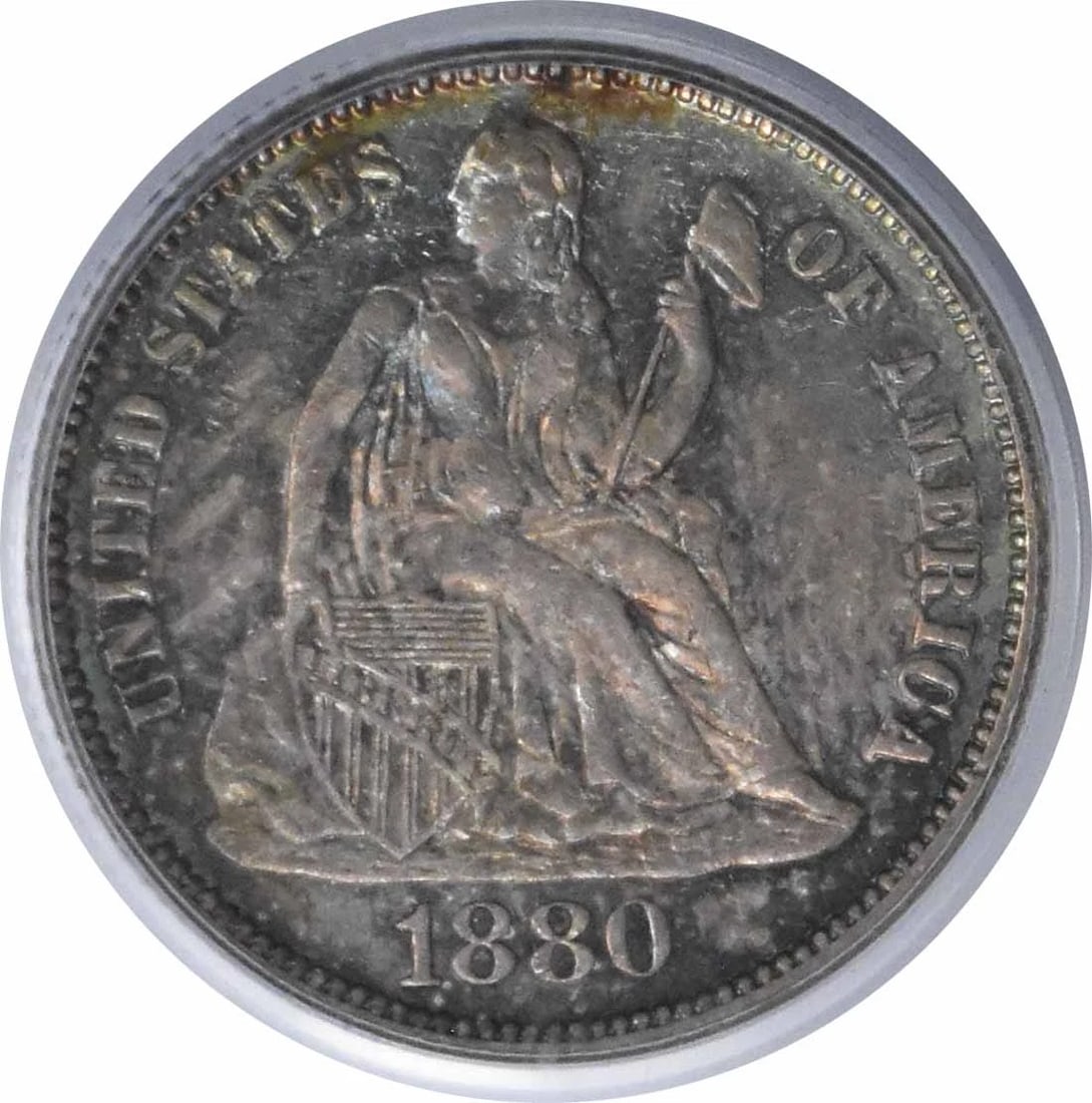 1880 LIBERTY SEATED SILVER DIME: 1880 Liberty Seated Silver Dime Year: 1880 Composition: 90% Silver, 10% Copper Denomination: 10C Country of Origin: United States Accessories: None Accessories Notice: When purchasing pre-owned