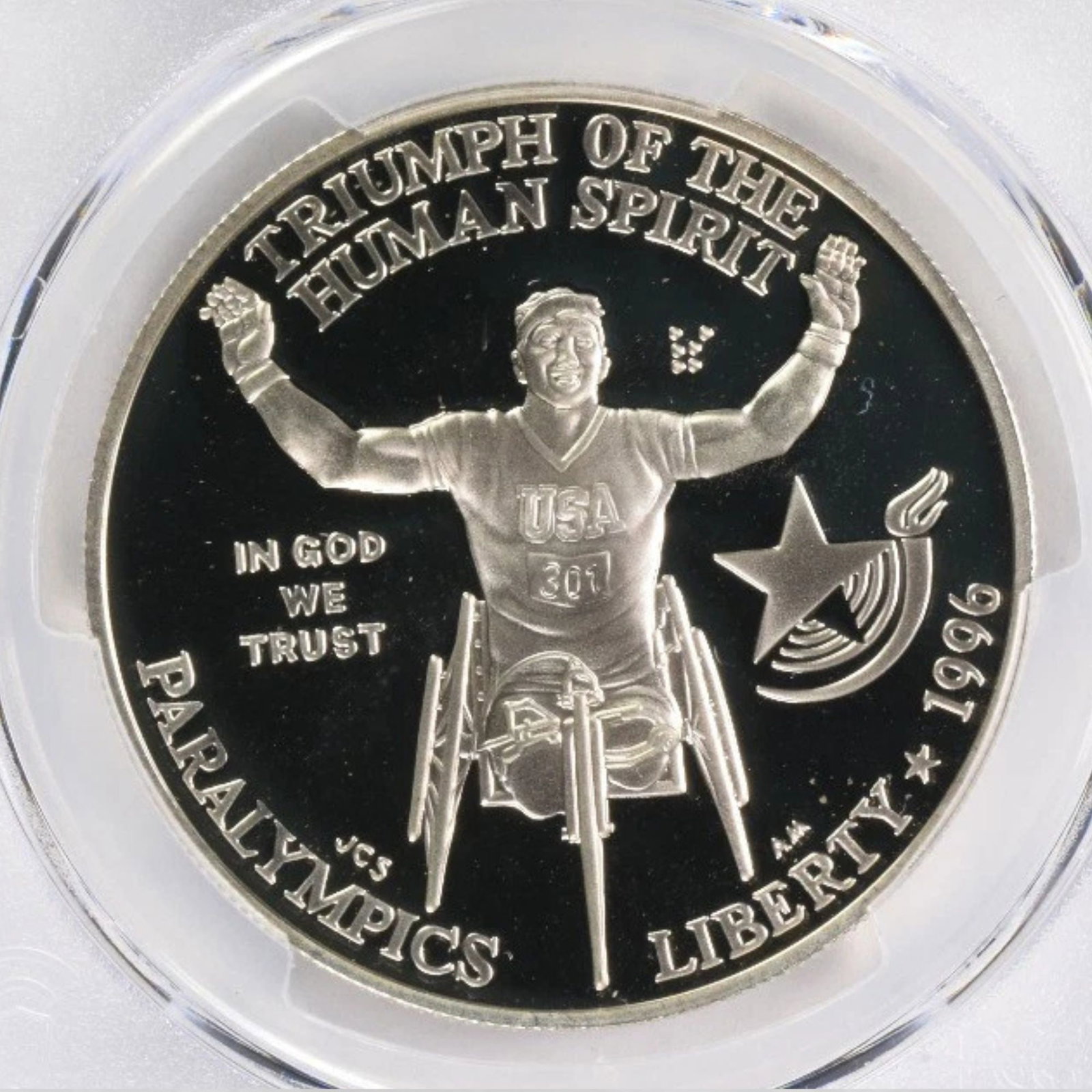 1996-P WHEEL CHAIR PARALYMPIC COMMEMORATIVE DOLLAR: 1996-P Wheel Chair Paralympic Commemorative Dollar Year: 1996 Composition: Silver Denomination: Dollar Country of Origin: United States Accessories: None Accessories Notice: When purchasing pre-own
