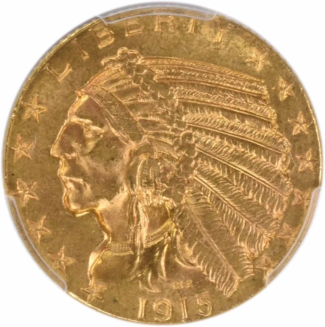 1915 $5 GOLD INDIAN: 1915 $5 Gold Indian Year: 1915 Composition: 90% Gold, 10% Copper Denomination: $5 Country of Origin: United States Accessories: None Accessories Notice: When purchasing pre-owned goods, please refe