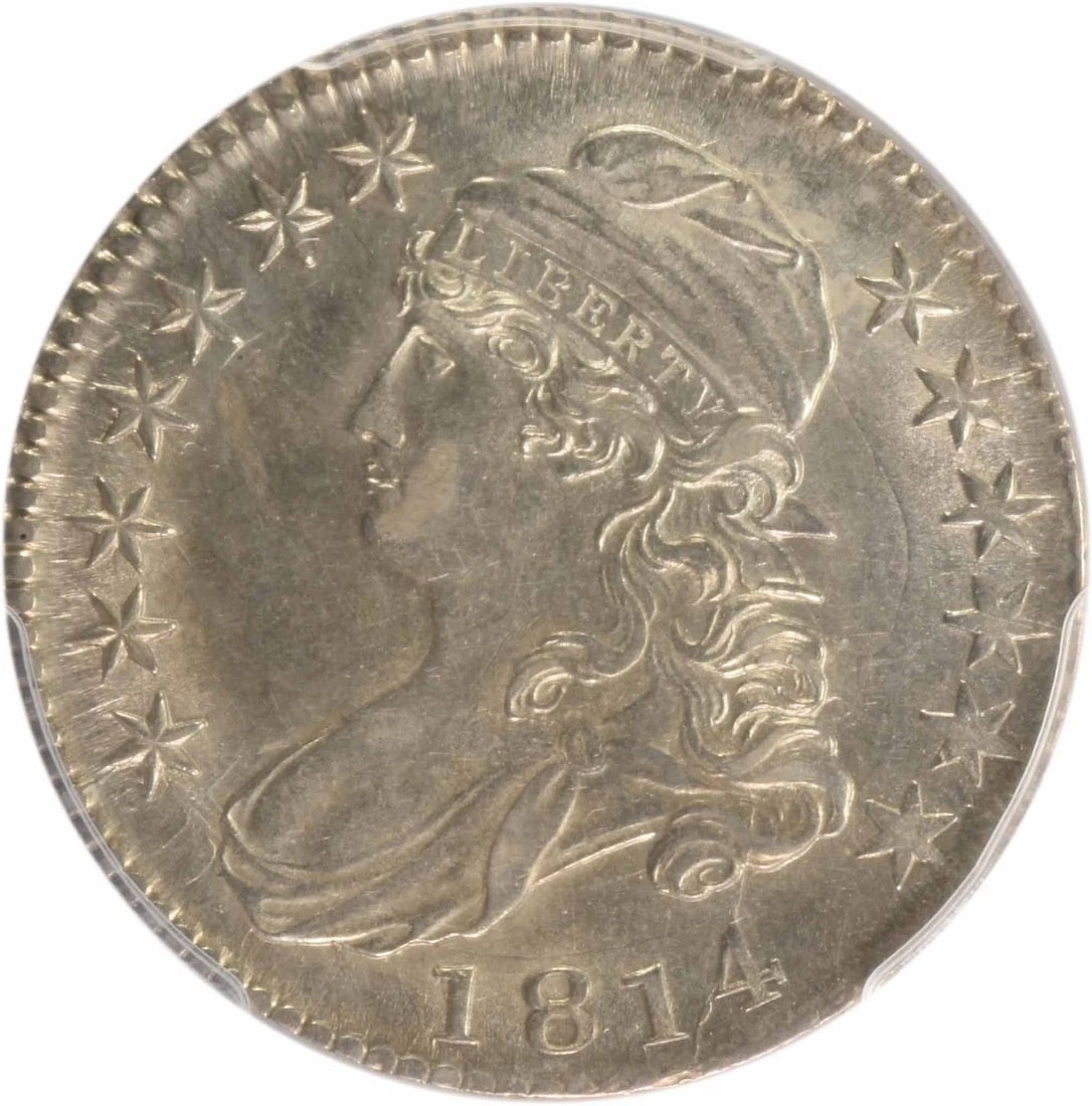 1814 BUST SILVER HALF DOLLAR: 1814 Bust Silver Half Dollar Year: 1814 Composition: 89.2% Silver, 10.8% Copper Denomination: 50C Country of Origin: United States Accessories: None Accessories Notice: When purchasing pre-owned go