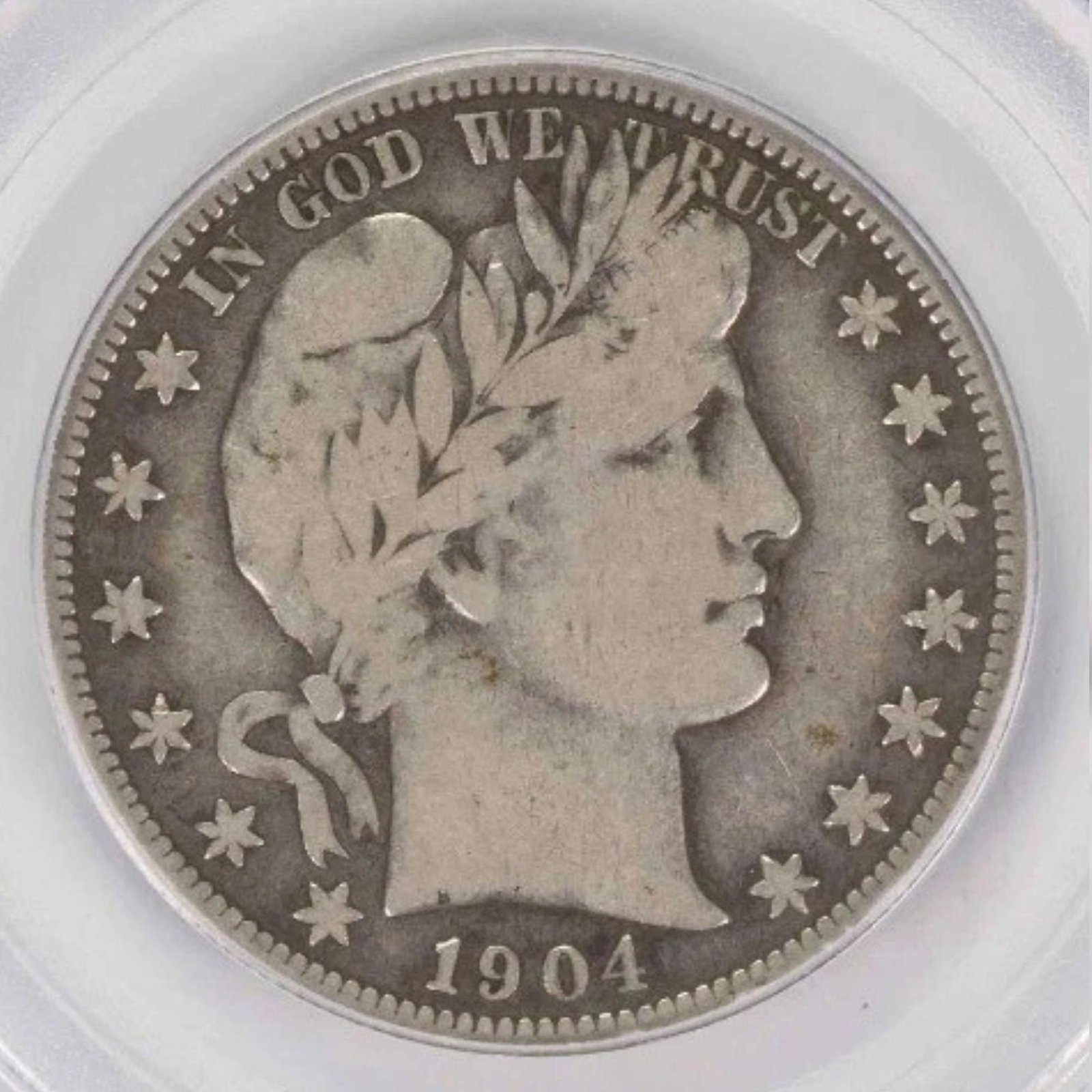 1904-S BARBER SILVER HALF DOLLAR: 1904-S Barber Silver Half Dollar Year: 1904 Composition: Silver Denomination: 50C Country of Origin: United States Accessories: None Accessories Notice: When purchasing pre-owned goods, please refer