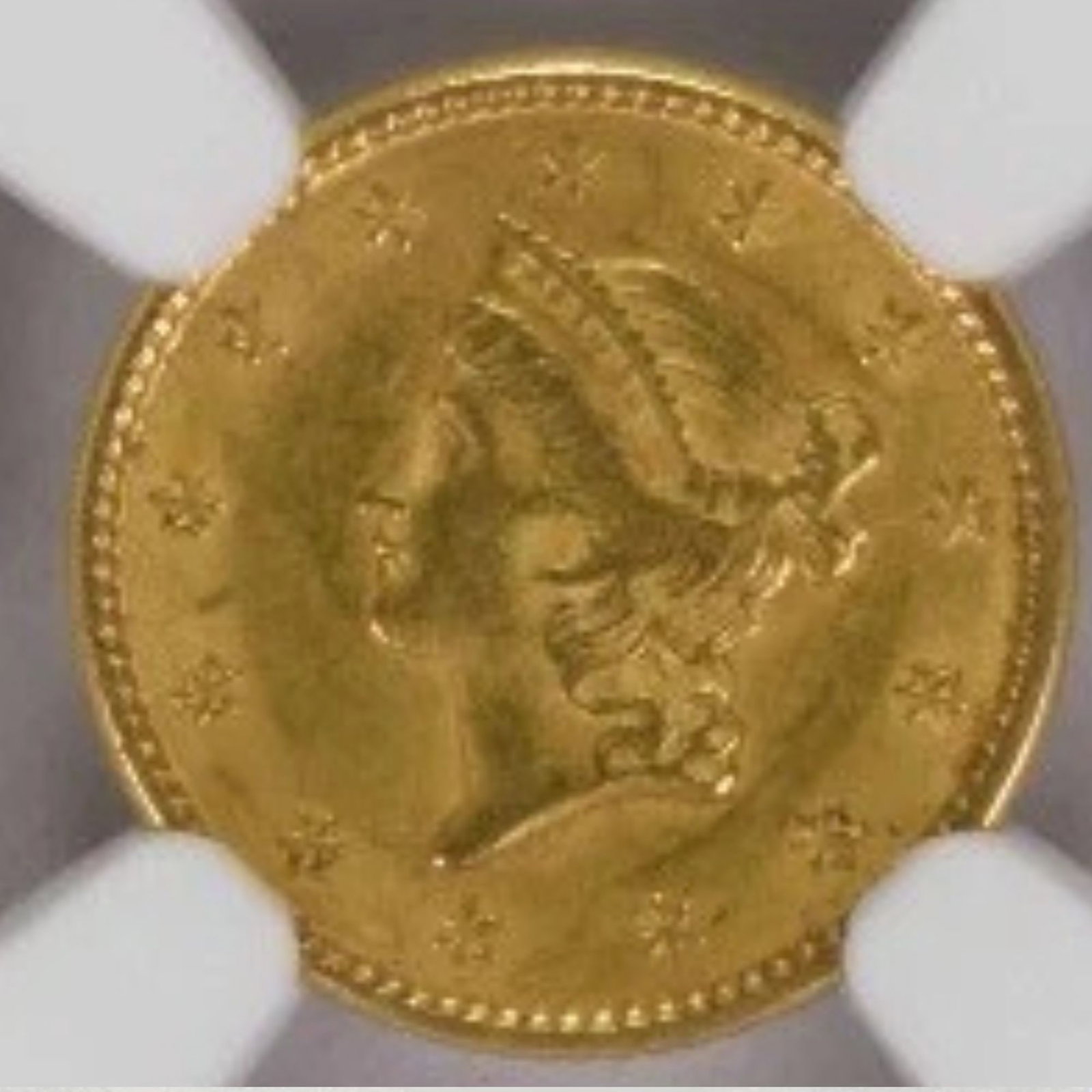 1850 $1 GOLD TYPE: 1850 $1 Gold Type Year: 1850 Composition: Gold Denomination: $1 Country of Origin: United States Accessories: None Accessories Notice: When purchasing pre-owned goods, please refer to the photos of
