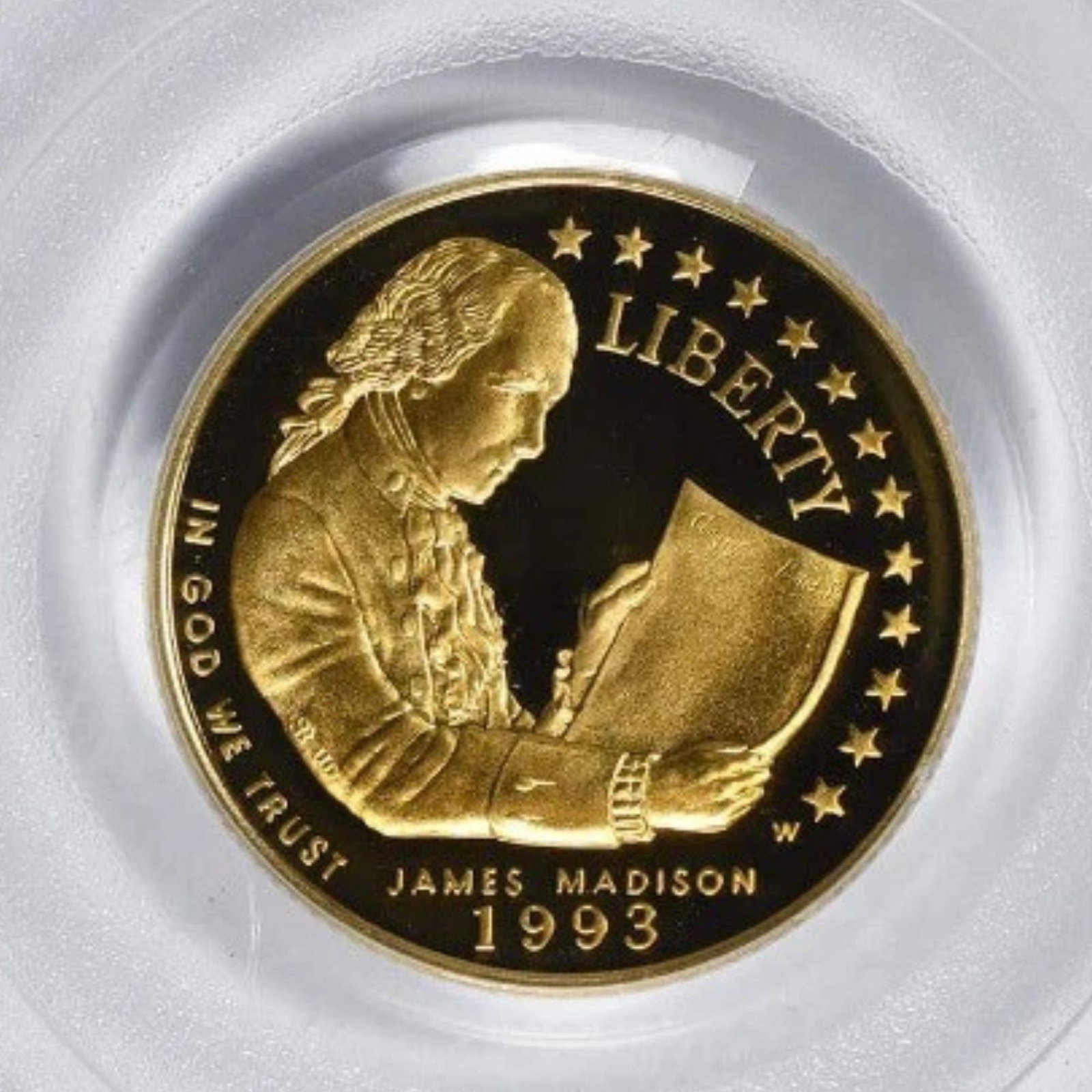 1993-W MADISON BILL OF RIGHTS $5 GOLD FIVE DOLLAR PROOF COMMEM: 1993-W Madison Bill of Rights $5 Gold Five Dollar Proof Commem Year: 1993 Composition: Gold Denomination: Five Dollar Country of Origin: United States Accessories: None Accessories Notice: When pur