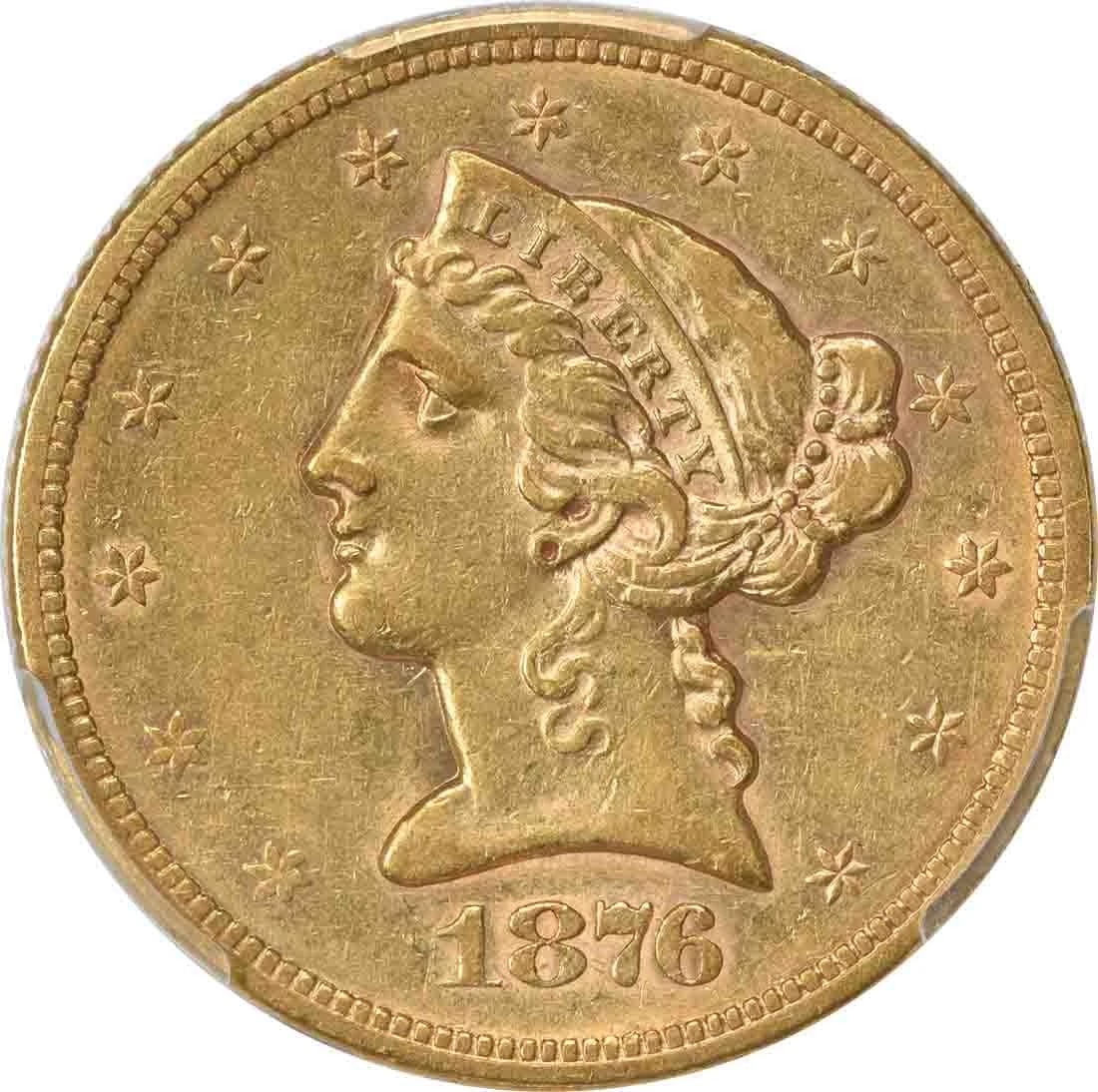 1876-S $5 GOLD LIBERTY HEAD: 1876-S $5 Gold Liberty Head Year: 1876 Composition: 90% Gold, 10% Copper Denomination: $5 Country of Origin: United States Accessories: None Accessories Notice: When purchasing pre-owned goods,