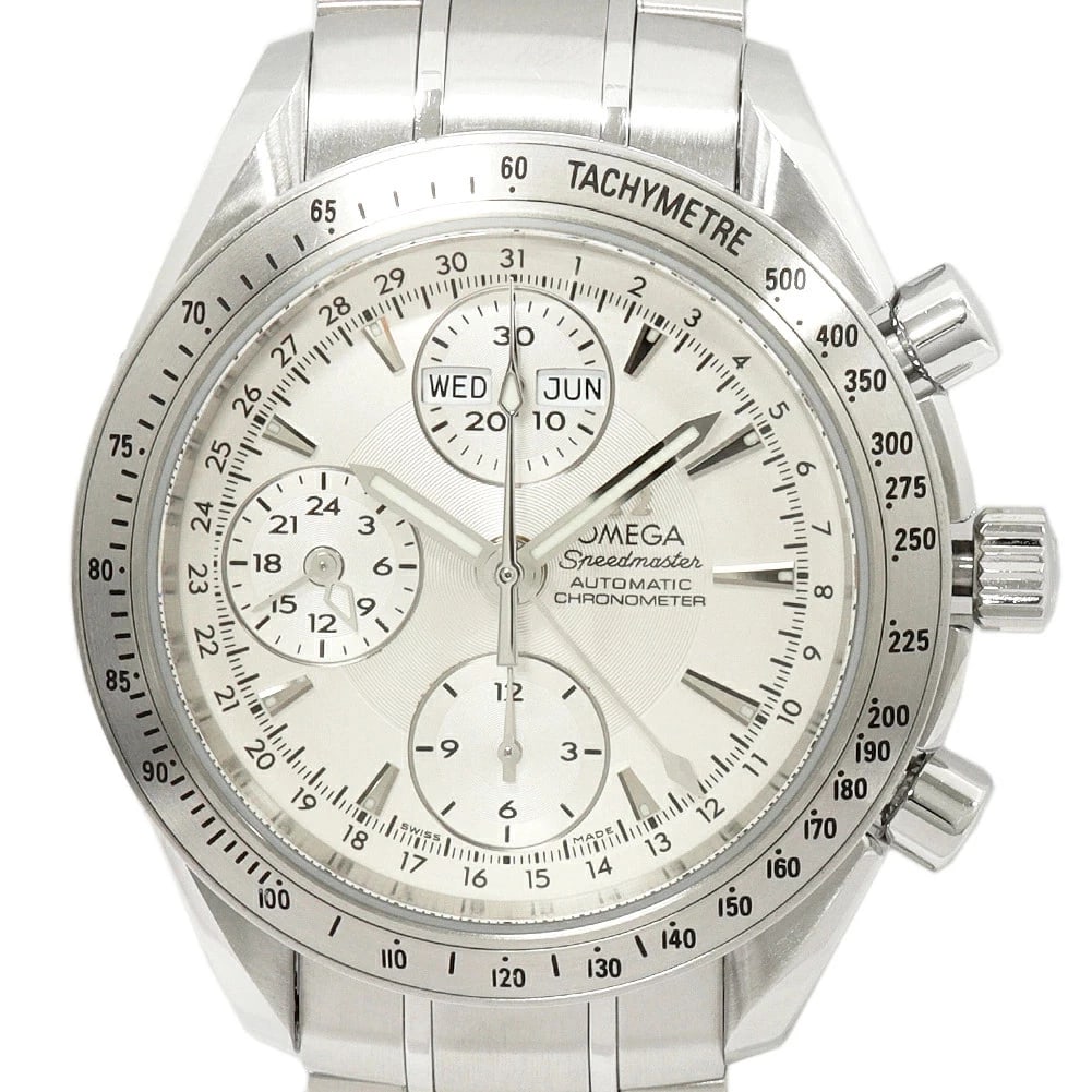 OMEGA WATCH SPEEDMASTER DATE AUTOMATIC CHRONOGRAPH SILVER: OMEGA WATCH SPEEDMASTER DATE AUTOMATIC CHRONOGRAPH SILVER Brand: OMEGA Type/Style: Wristwatch Material: SS Color: Dial Color SILVER Size: Case size: 40mm Wrist size: 18.5cm Accessories: None