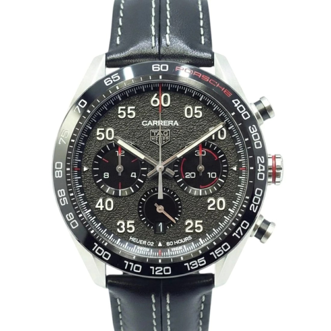 TAG HEUER WATCH CARRERA PORSCHE CHRONOGRAPH AUTOMATIC: TAG HEUER WATCH CARRERA PORSCHE CHRONOGRAPH AUTOMATIC Brand: TAG HEUER Type/Style: Wristwatch Material: Stainless steel, Ceramic, Leather, Sapphire crystal Color: Dial Color BLACK Size: Case size: 44