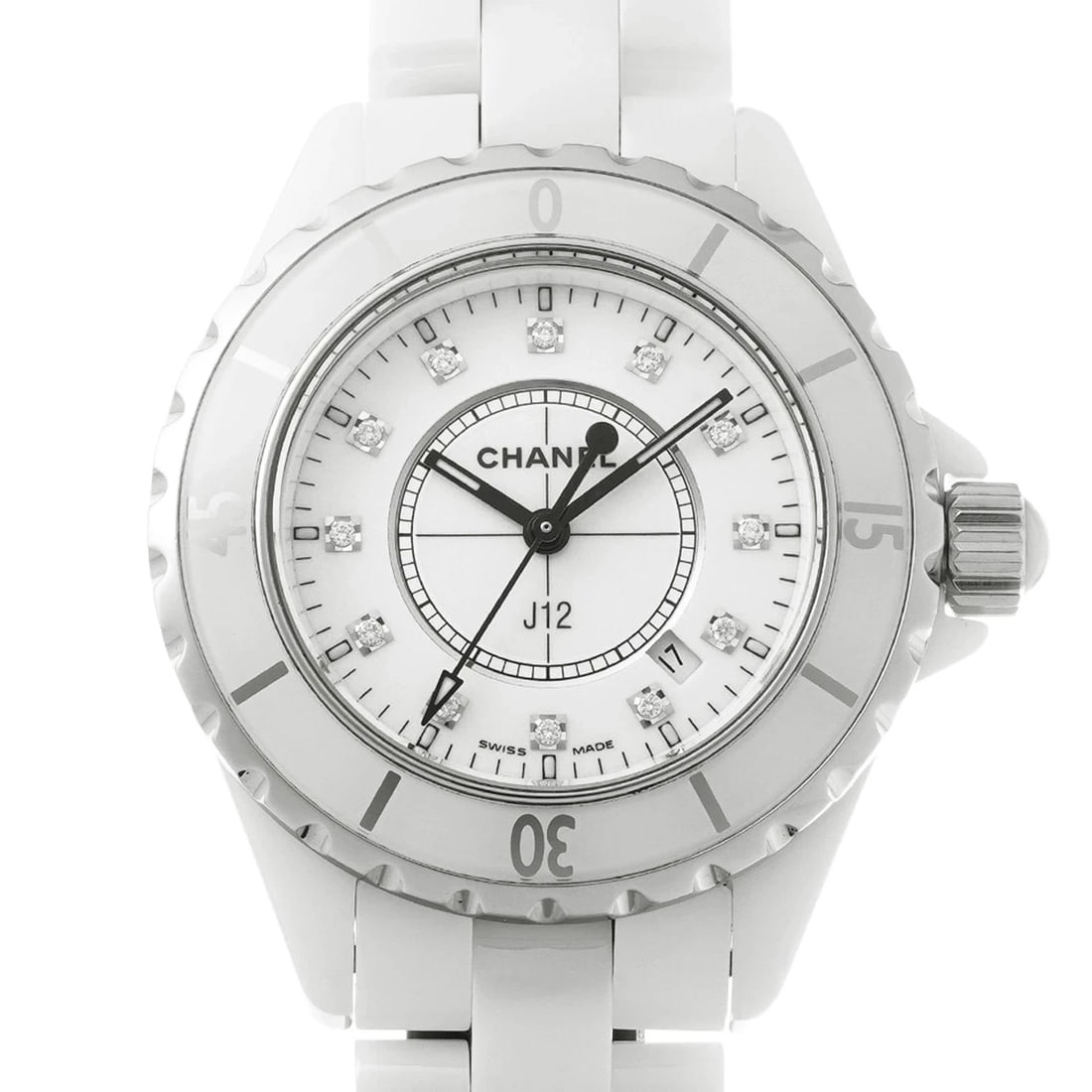 CHANEL WATCH WHITE/DIAMOND QUARTZ CERAMIC/STAINLESS STEEL: CHANEL WATCH WHITE/DIAMOND QUARTZ CERAMIC/STAINLESS STEEL Brand: CHANEL Type/Style: Wristwatch Material: Stainless Steel/Ceramic Color: Dial Color WHITE/DIAMOND Size: Case size: 33mm Wrist size: