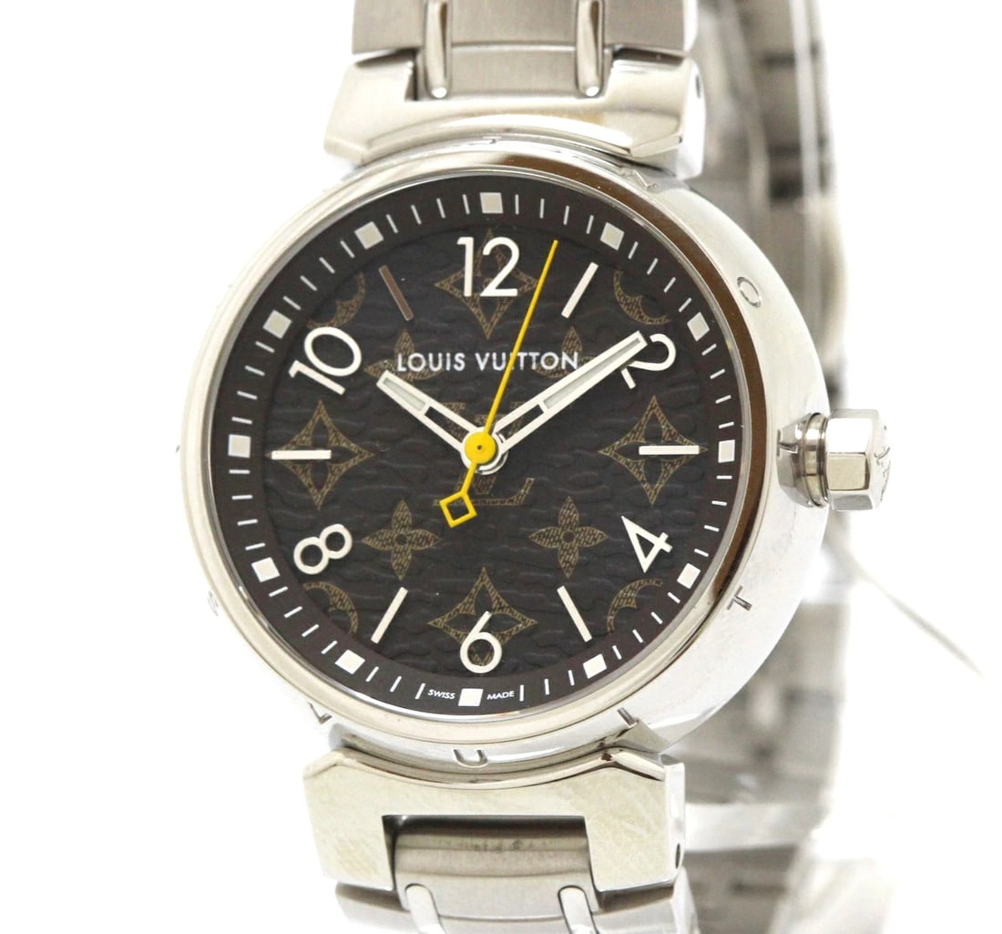 LOUIS VUITTON WATCH BROWN MONOGRAM QUARTZ: LOUIS VUITTON WATCH BROWN MONOGRAM QUARTZ Brand: LOUIS VUITTON Type/Style: Wristwatch Material: Stainless steel/Monogram canvas Color: Dial Color BROWN MONOGRAM Size: Case size: 28mm Wrist size: Appro