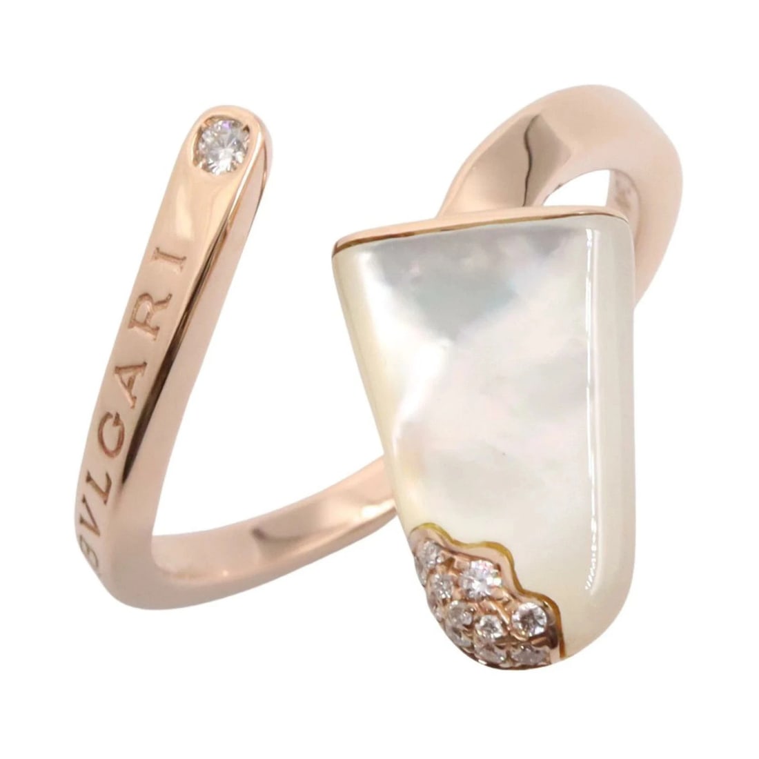 BVLGARI GELATI DIAMOND MOTHER OF PEARL GOLD RING: Bvlgari Gelati Diamond Mother of Pearl Gold Ring Brand: Bvlgari Type/Style: Ring Material: 18K Pink Gold (K18PG), Main Stone Natural, Mother of Pearl Color: PG Size: US 6.5 Accessories: None