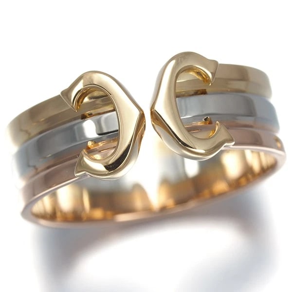 CARTIER 2C DOUBLE C C2 RING TRI COLOR 18K YELLOW WHITE PINK GOLD SM: Cartier 2C Double C C2 Ring Tri Color 18K Yellow White Pink Gold SM Brand: Cartier Type/Style: Ring Material: 18K Yellow Gold, 18K White Gold, 18K Pink Gold, Color: YG, WG, PG Size: US 5 Accessories: