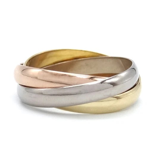 CARTIER TRINITY RING 18K THREE COLOR GOLD WIDE BAND: Cartier Trinity Ring 18K Three Color Gold Wide Band Brand: Cartier Type/Style: Ring Material: 18K Three Color Gold, Color: Gold Size: US 4.5 Accessories: None Accessories Notice: When purc
