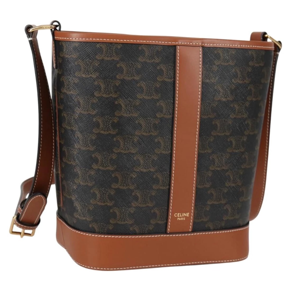 CELINE TRIOMPHE SMALL BUCKET SHOULDER BAG: CELINE Triomphe Small Bucket Shoulder Bag Brand: CELINE Type/Style: Shoulder Bag Material: PVC Leather Color: Black/Gold Size: W7.1 x H8.3 x D4.7inch Accessories: None Accessories Notice: