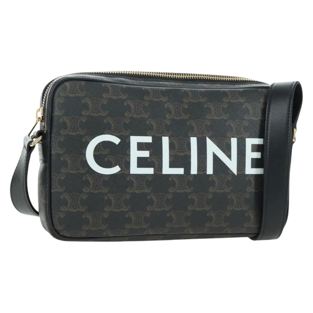 CELINE TRIOMPHE MEDIUM MESSENGER BAG SHOULDER BAG: CELINE Triomphe Medium Messenger bag Shoulder Bag Brand: CELINE Type/Style: Shoulder Bag Material: PVC Leather Color: Black/Gold Size: W9.1 x H5.5 x D1.6inch Accessories: None Accessories