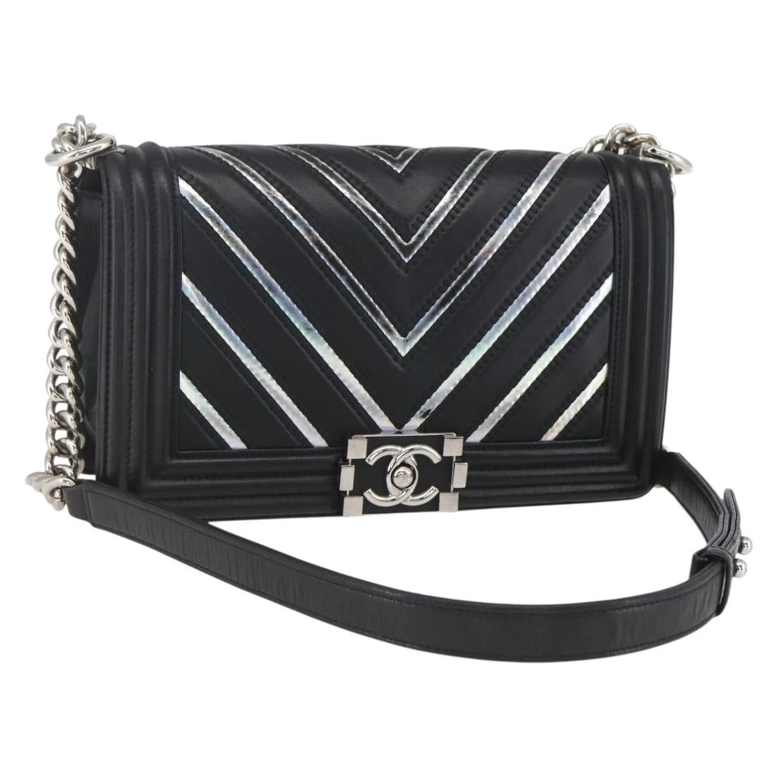 CHANEL CHAIN BOY CHANEL V STITCH BAG LEATHER: CHANEL Chain Boy Chanel V Stitch Bag Leather Brand: CHANEL Type/Style: Shoulder Bag Material: Leather Color: Black/Silver Size: W9.8 x H5.9 x D2.0inch Accessories: None Accessories Notice: