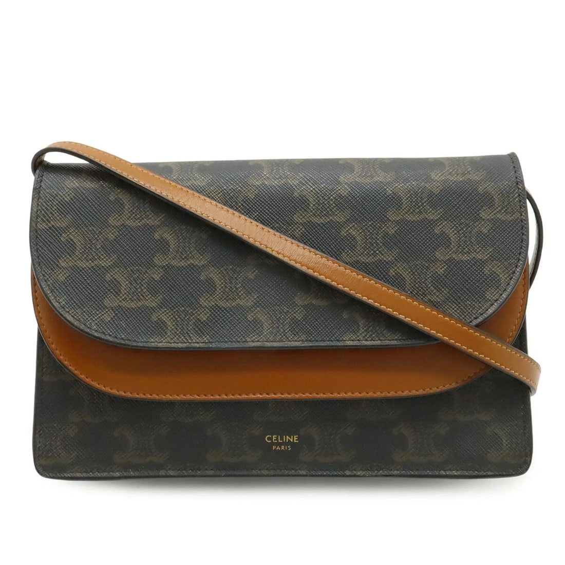 CELINE TRIOMPHE STRAP WALLET CLUTCH BAG: CELINE Triomphe Strap Wallet Clutch Bag Brand: Celine Type/Style: Clutch bag, Pochette, Shoulder bag Material: Canvas Color: Dark brown Size: (HxWxD) 14cm x 20.5cm x 5.5cm / 5.51inch x 8.07inch x 2.16