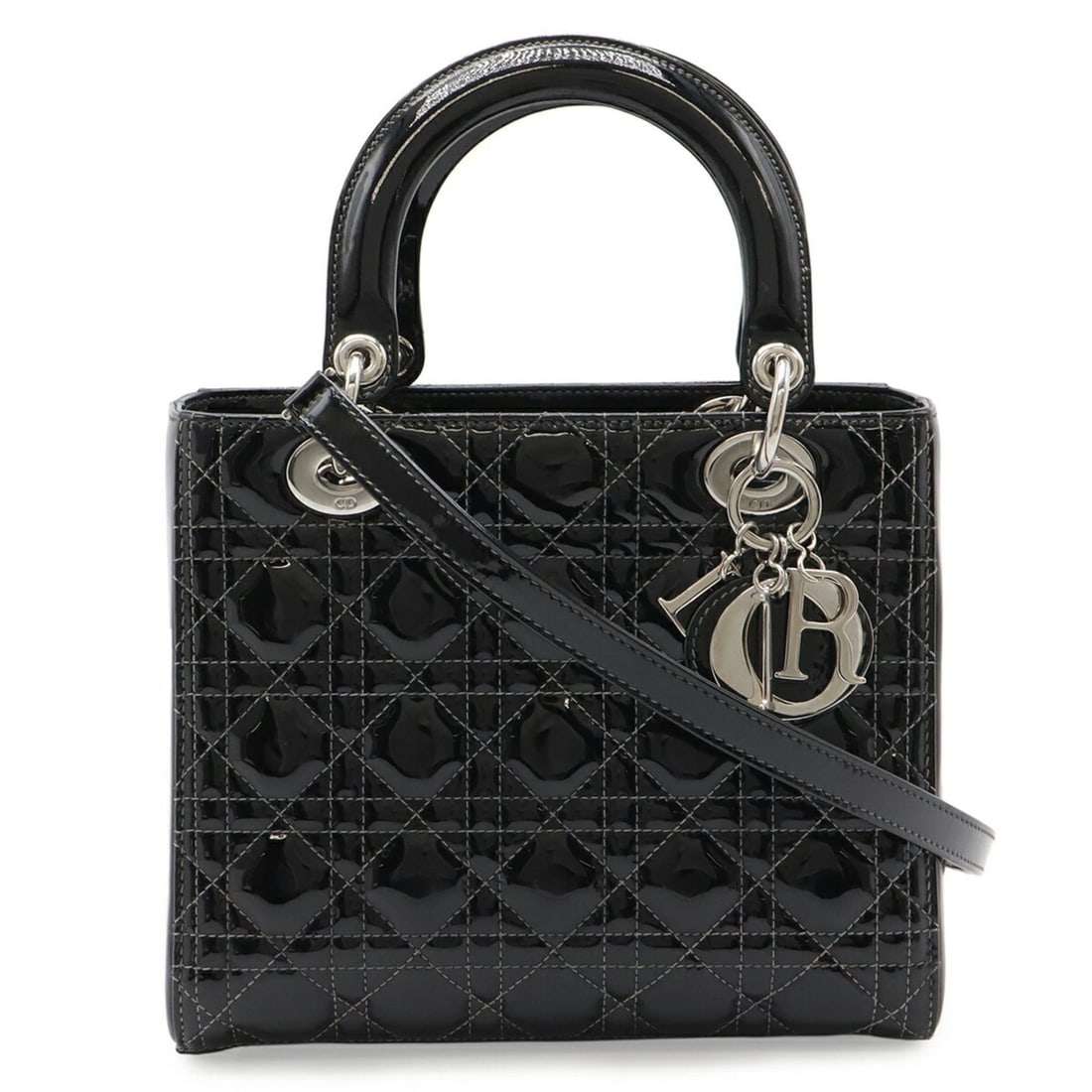 CHRISTIAN DIOR LADY CANNAGE TOTE BAG: Christian Dior Lady Cannage Tote Bag Brand: Christian Dior Type/Style: Shoulder bag Material: Patent leather , Leather Color: Black, Gray, Pink Size: (HxWxD) 20.5cm x 24cm x 12cm / 8.07inch x