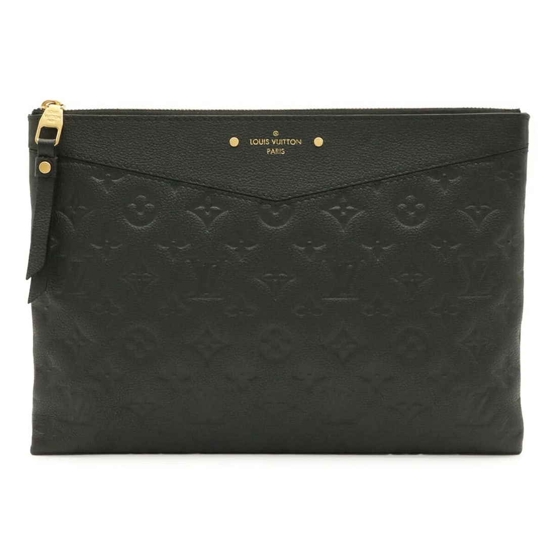 LOUIS VUITTON MONOGRAM EMPREINTE DAILY POUCH: Louis Vuitton Monogram Empreinte Daily Pouch Brand: Louis Vuitton Type/Style: Clutch bag, Pouch Material: Monogram Empreinte Color: Black, Monogram, Noir Size: (HxWxD) 21cm x 30.5cm / 8.26inch x