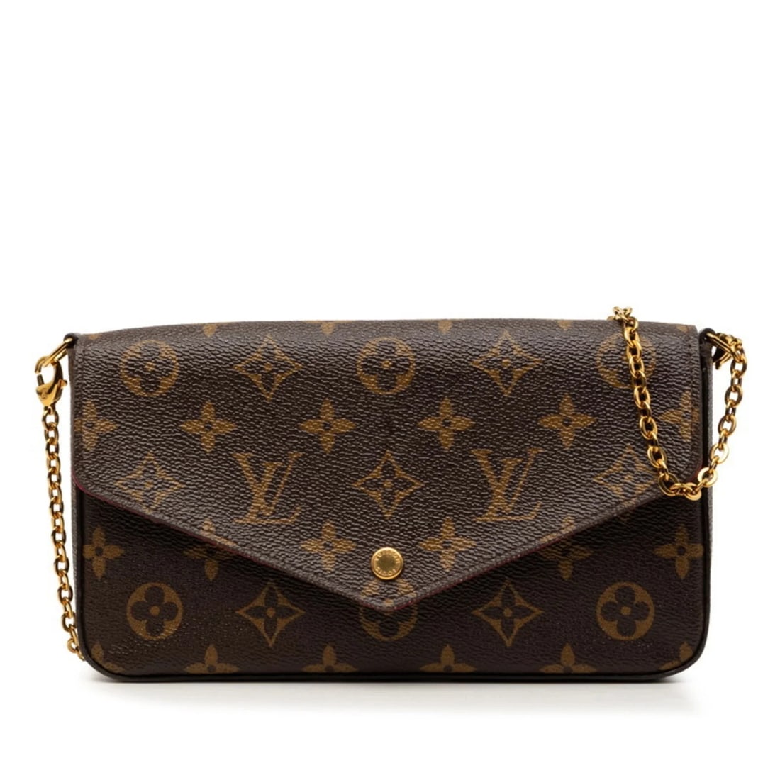 LOUIS VUITTON MONOGRAM POCHETTE FELICIE CHAIN: Louis Vuitton Monogram Pochette Felicie Chain Brand: Louis Vuitton Type/Style: Pochette, Pouch, Shoulder bag Material: PVC , Leather Color: Brown, Fuchsia Size: (HxWxD) 12cm x 21cm x 3cm / 4.72inch x 
