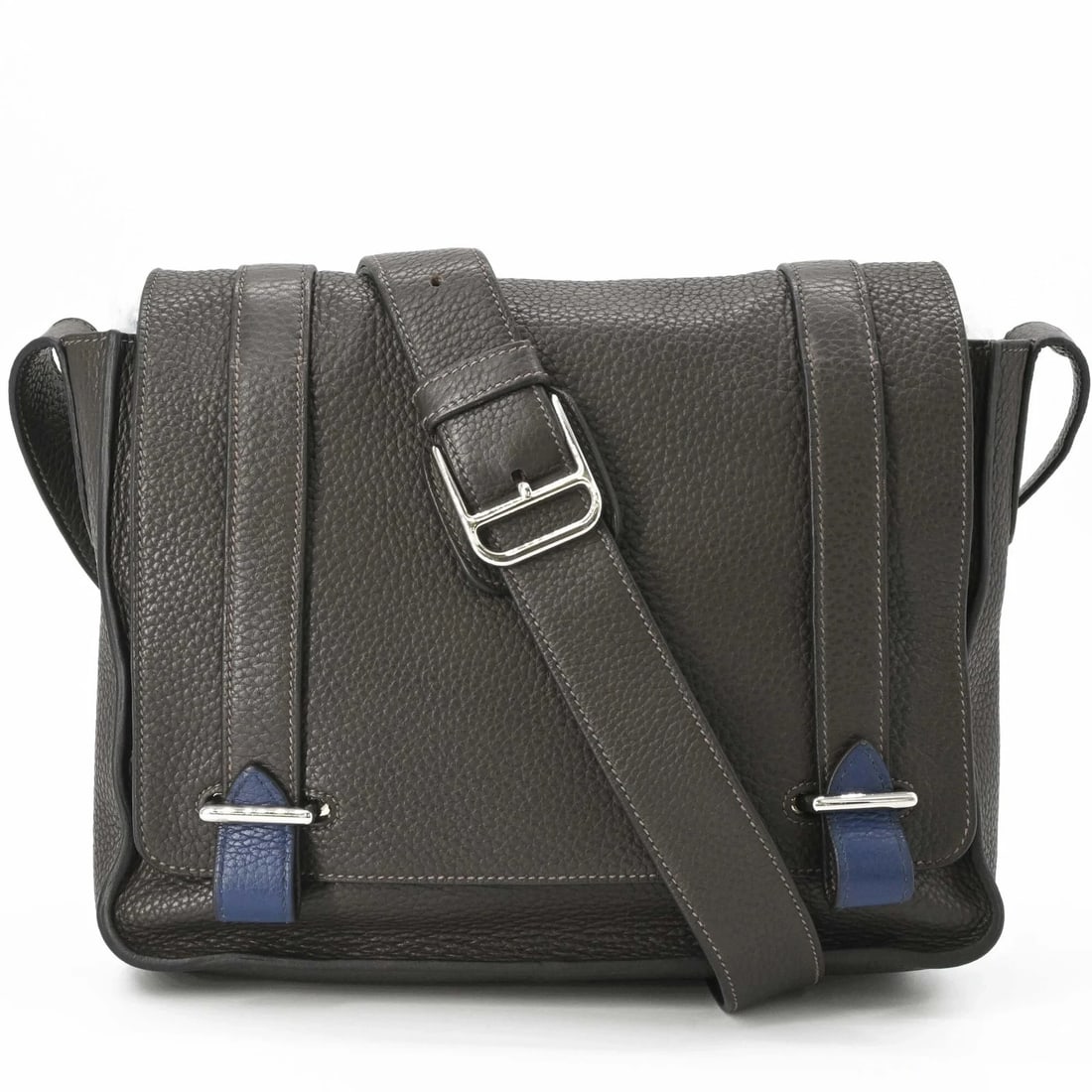 HERMES STEVE CAPORAL 27 SHOULDER BAG: HERMES Steve Caporal 27 Shoulder Bag Brand: Hermes Type/Style: Shoulder bag Material: Taurillon clemence leather Color: Blue, Etain Size: (HxWxD) 20cm x 27cm x 7.5cm / 7.87inch x 10.62inch x 2.95inch
