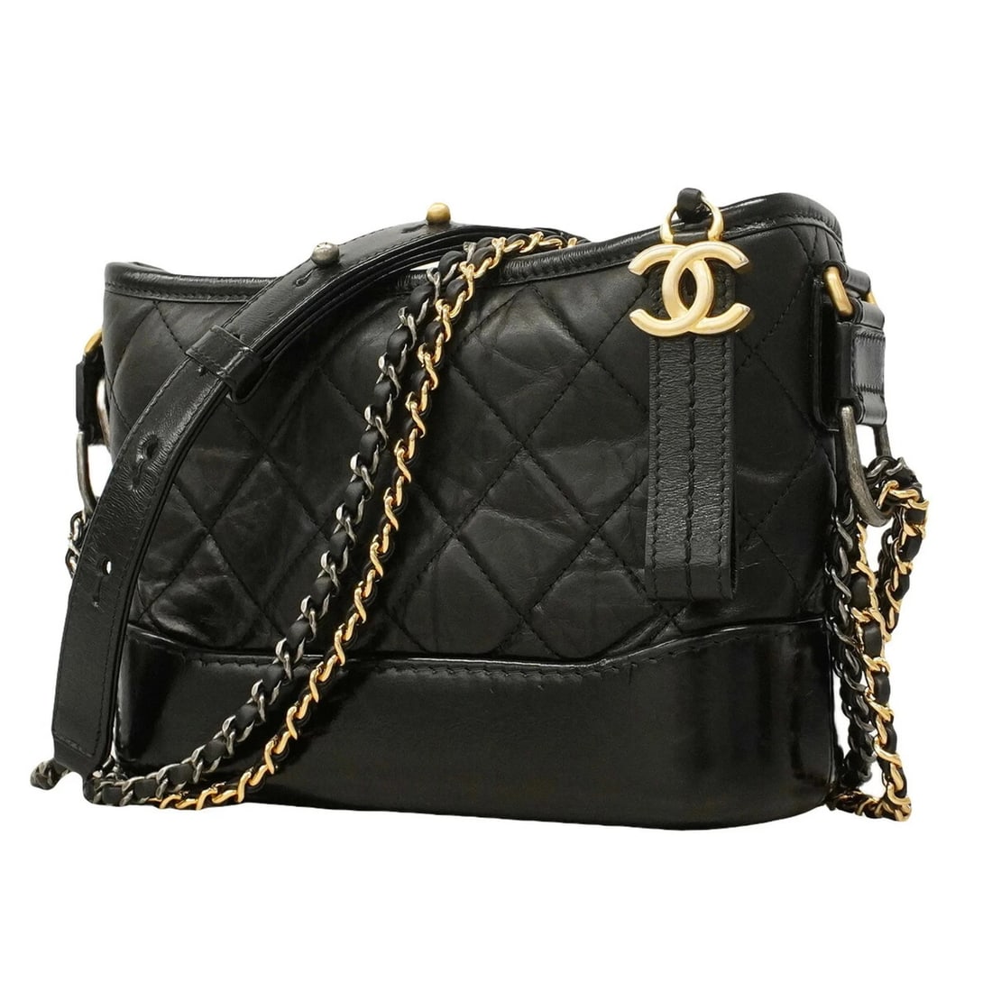 CHANEL SHOULDER BAG, DOUBLE CHAIN, GABRIELLE: Chanel Shoulder Bag, Double Chain, Gabrielle Brand: Chanel Type/Style: Shoulder bag Material: Leather Color: Black Size: (HxWxD) 15cm x 20cm x 8cm / 5.9inch x 7.87inch x 3.14inch Accessories: None